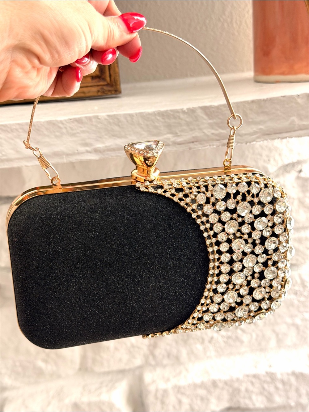Black Crystal Rhinestone Minaudiere Evening Clutch Gold Handle Chain